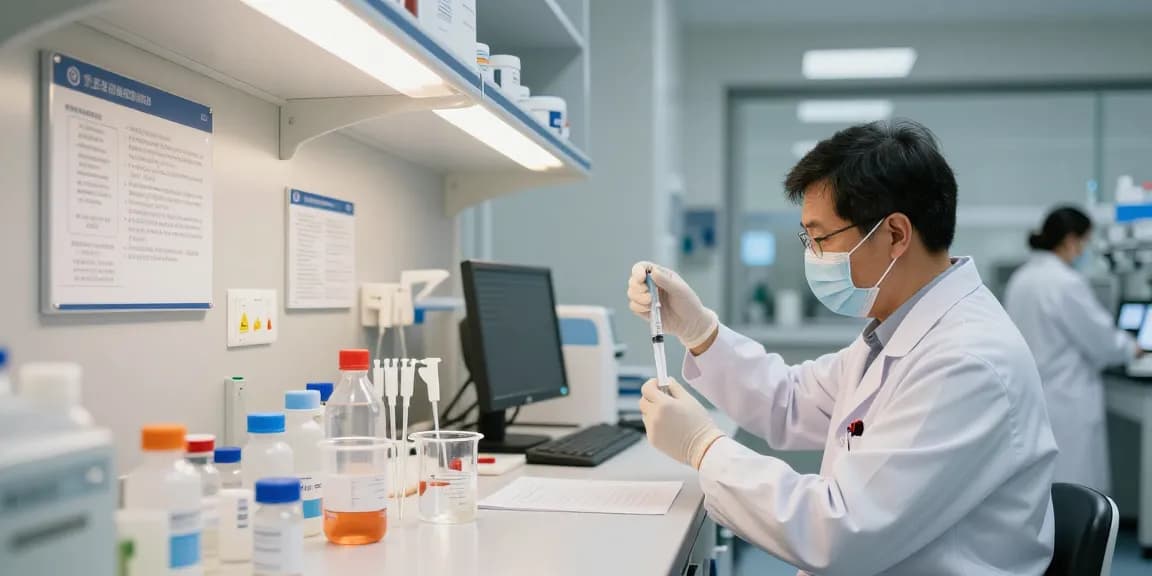 Sterile water for injection preparation in a healthcare lab environment with pharmacist measuring liquid.