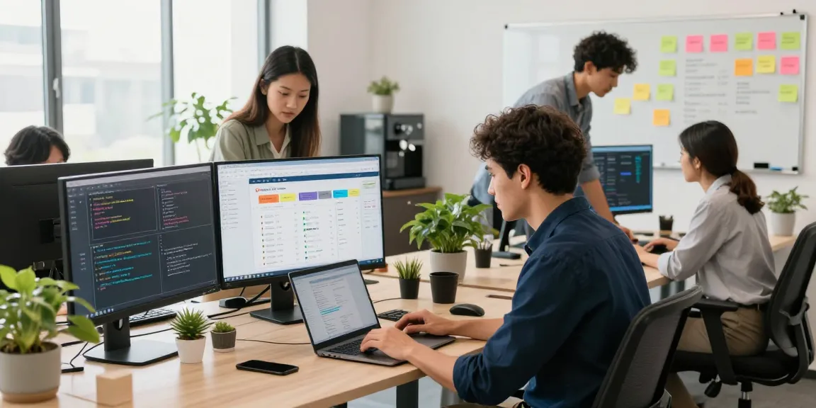 Diverse tech team collaborating at a modern workspace for developing applications, promoting the WPS Official Website.