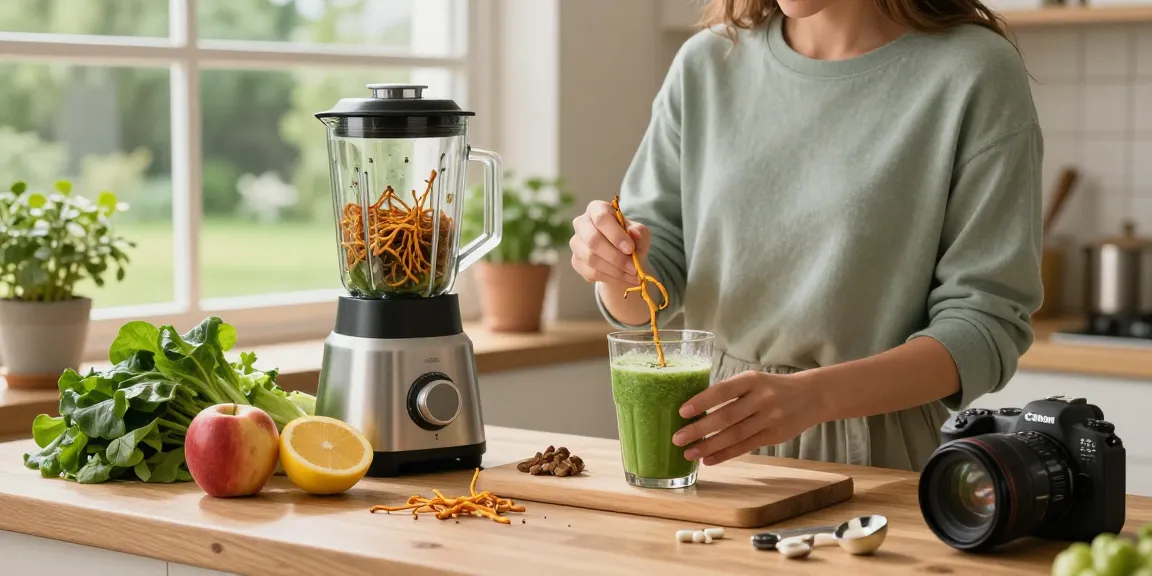 Cordyceps mushroom extract smoothie preparation in a bright kitchen.