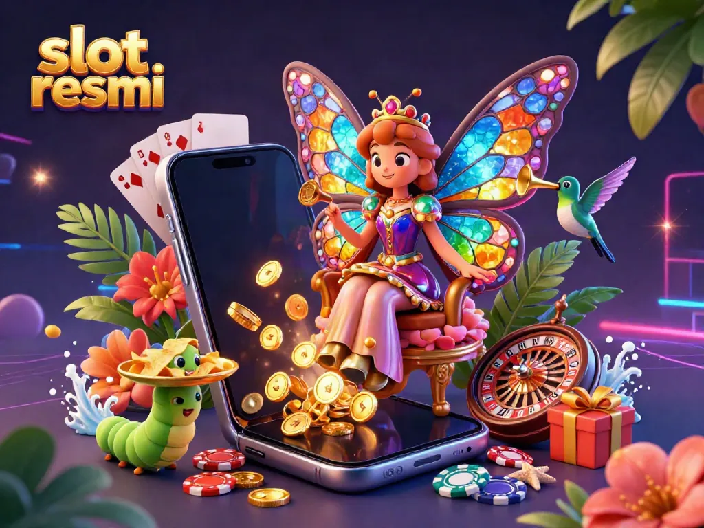 Experience the excitement of slot resmi with a vibrant scene featuring a butterfly queen amidst colorful slot game elements.