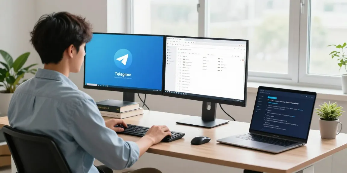 Developer using Telegram Chinese language settings in a modern workspace