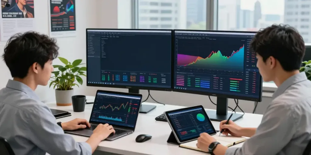 Collaboration at a modern trading workspace analyzing data on nordencore.ca.