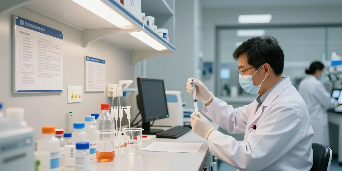 Sterile water for injection preparation in a healthcare lab environment with pharmacist measuring liquid.