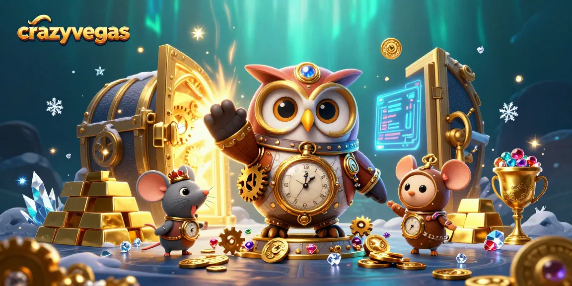 Experience gaming at crazyvegas with a whimsical time-traveler owl and treasures in a vibrant casino scene.